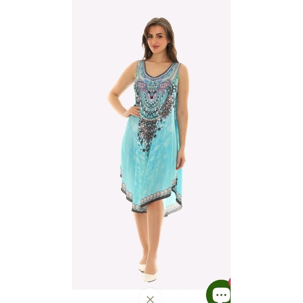 Shoreline‎ Embellished Sleeveless Midi Kaftan Tunic Dress, Turquoise Silk Blend